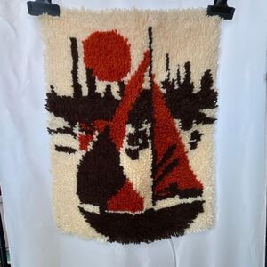 Vintage Artisan Handmade sailboat scene rug wall hanging.